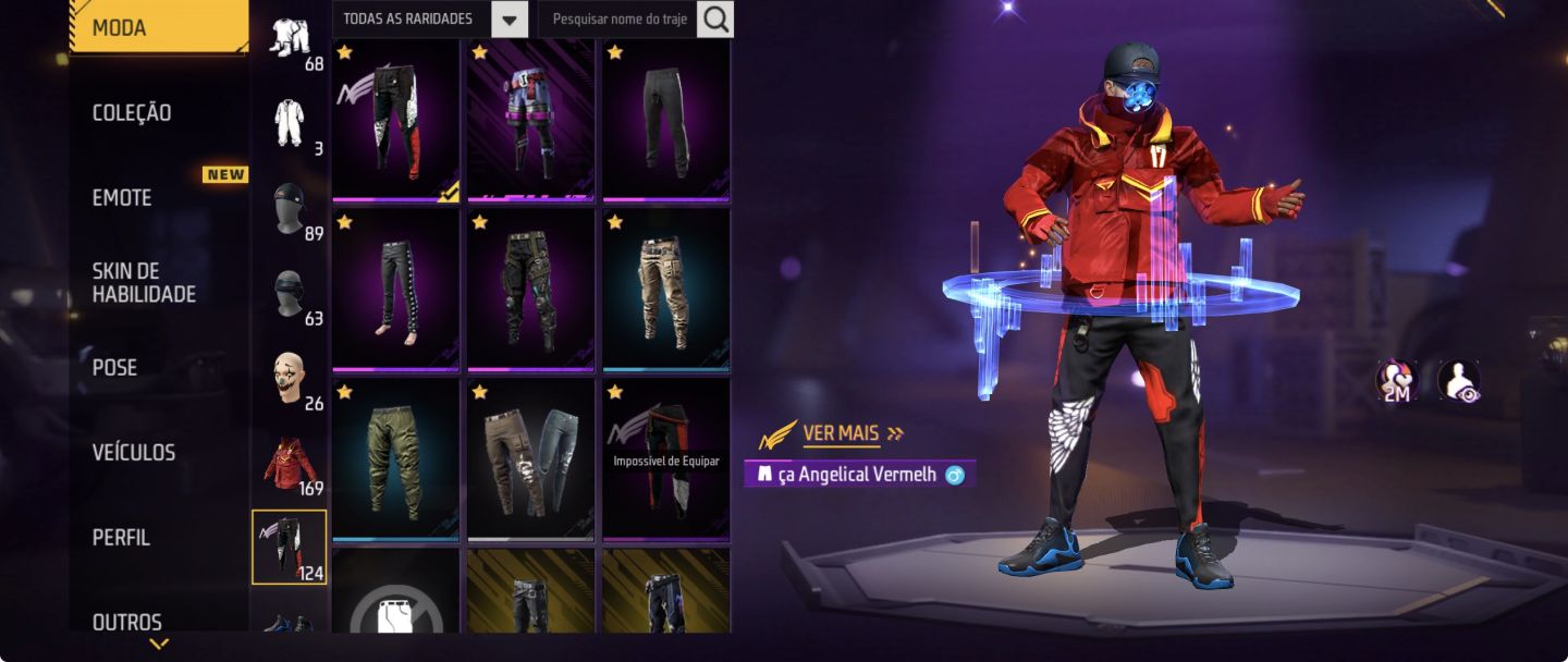 CONTA FREE FIRE [169 PEITAS] CALÇA ANGELICAL VERMELHA | UMP ROXA | DUNK MASTER
