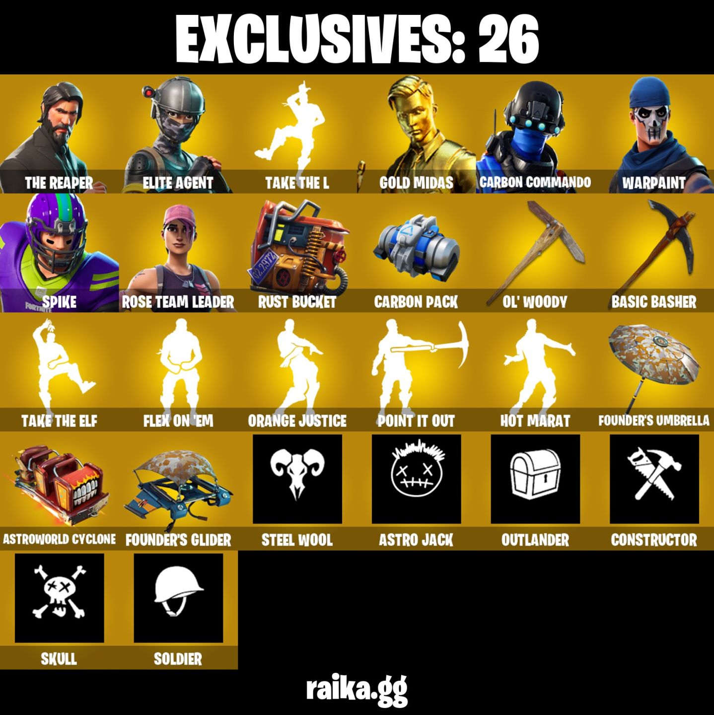 100 skins | OG STW | The Reaper | Elite Agent | Gold Midas Spike Omega Ragnarok