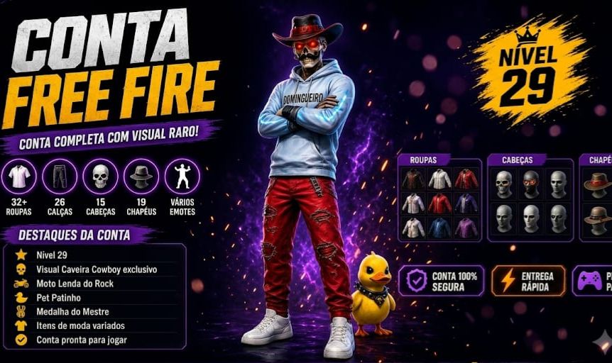 Conta Free Fire Nível 29 - Visual Caveira + Moto + Pet