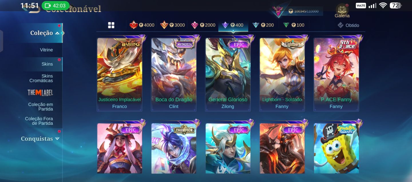 Conta Mlbb 279 skins, 5 skins kof 1 legend