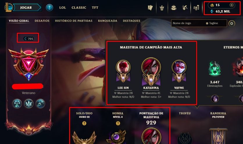 [HandLevel] Lv 700+Gold 3+MAIN MIDLANER+197 Skins/Icones Antigos 2013+KATARINA