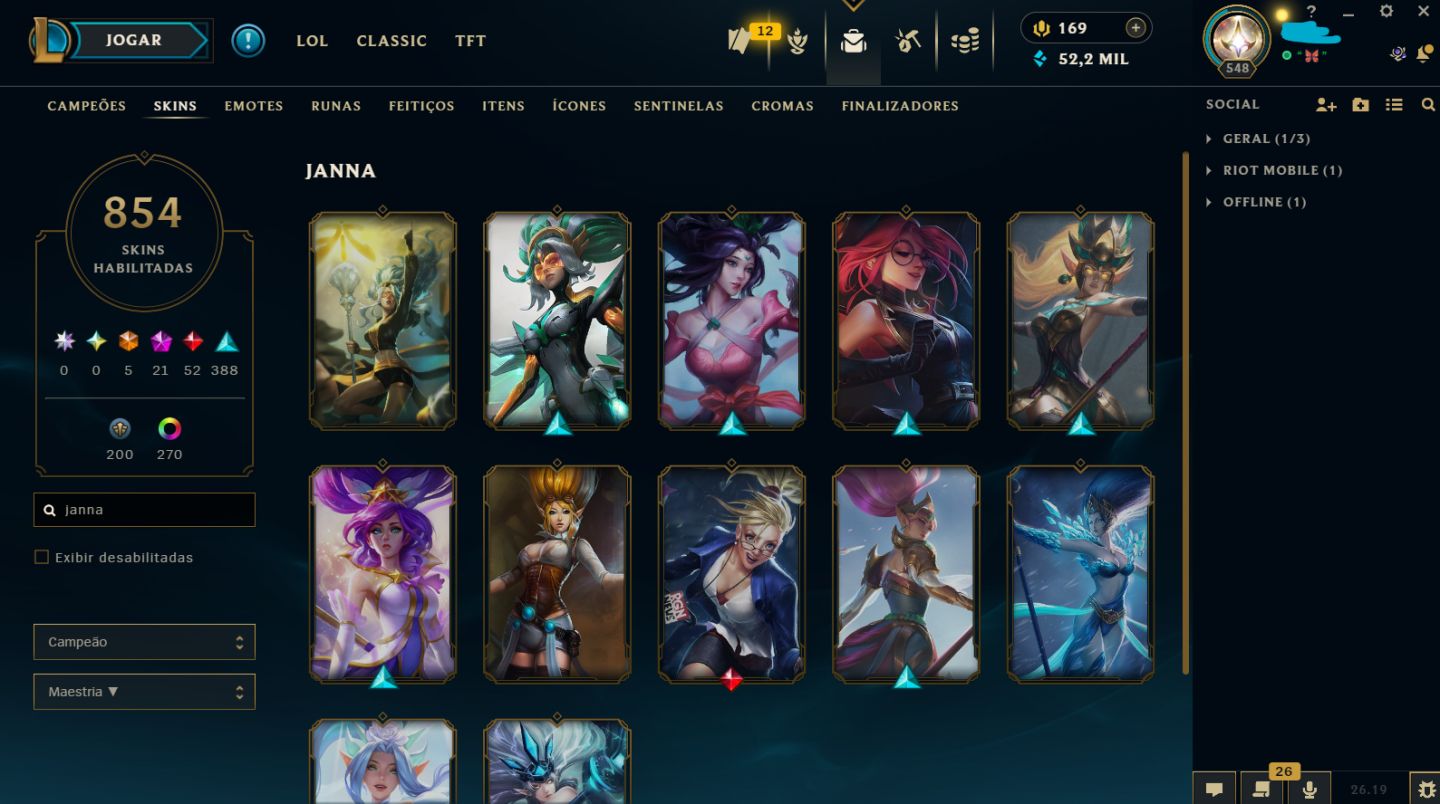 CONTA LEAGUE OF LEGENDS MAIN SUPORTE/FADINHA COM 860 SKINS NO ELO MESTRE 500+
