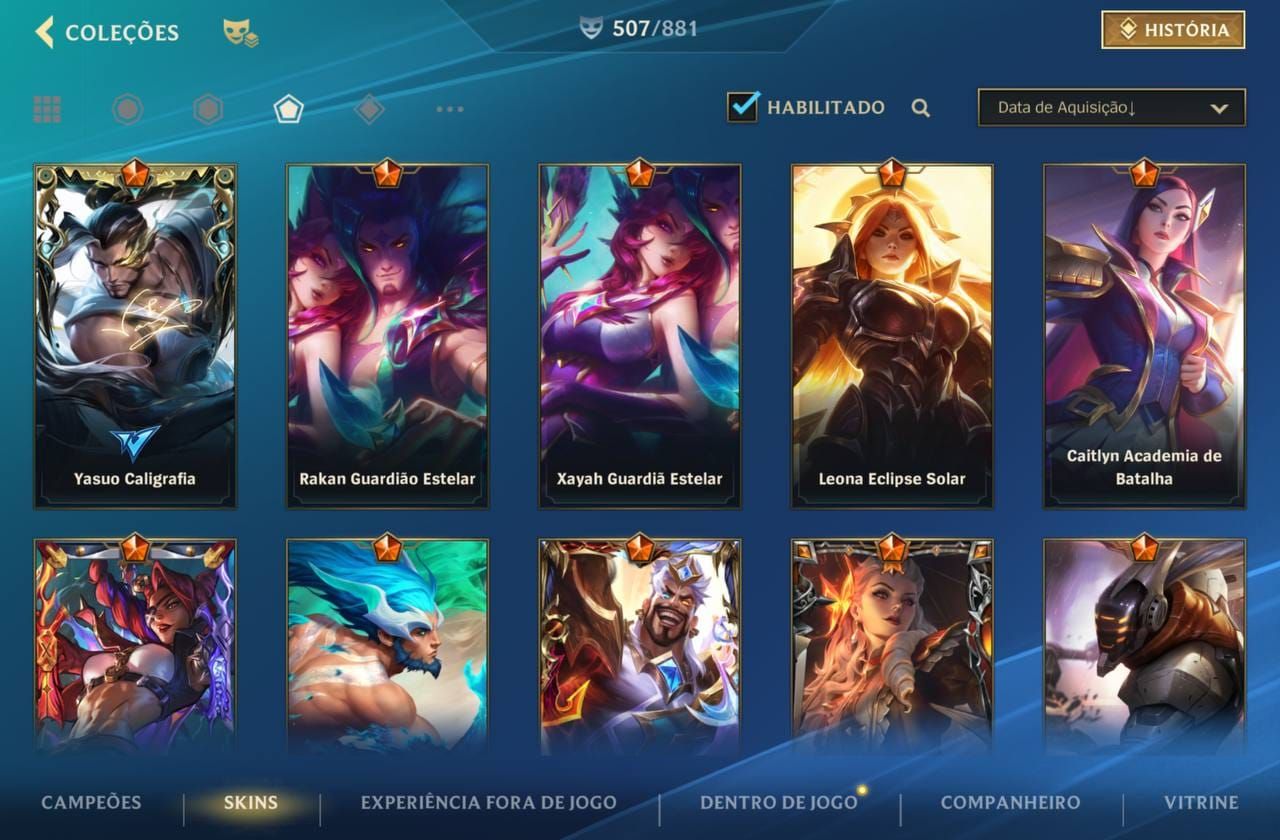 507 Skins| 15 Míticas |64 Lendárias|290 Épicas |Lv 226 |87,2K Coleção| 1978 dias