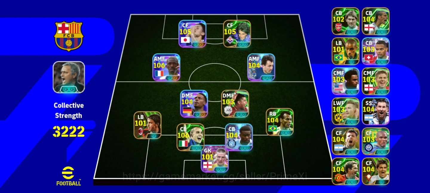 Conta eFootball 3223 Força | Dembele 106 Cannavaro 106 Baggio 105 Okazaki 105