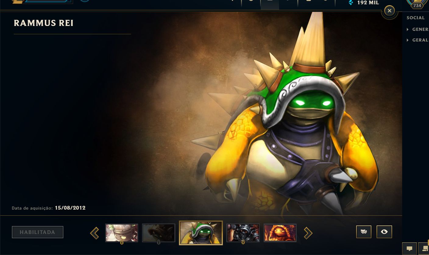 "CONTA BETA 2009 | Rammus Rei + Kayle Juíza | 200 Skins | Esmeralda II". LVL:734