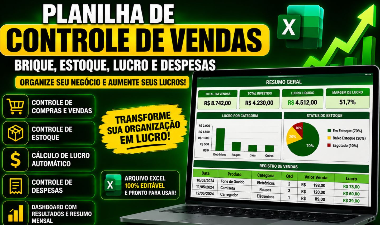 PLANILHA DE CONTROLE DE VENDAS | BRIQUE, ESTOQUE, LUCRO E DESPESAS