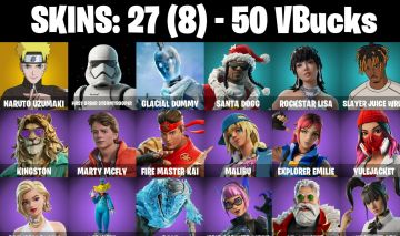 27 Skins - naruto uzumaki, santa dogg, slayer juice wrld, 50 vbucks