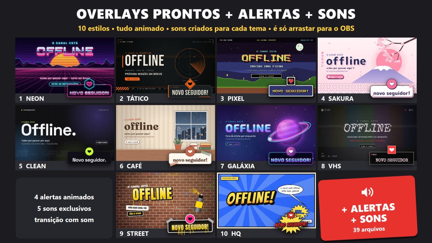 Overlay Twitch e Kick Animado Pronto | Alertas + Sons | 10 Estilos