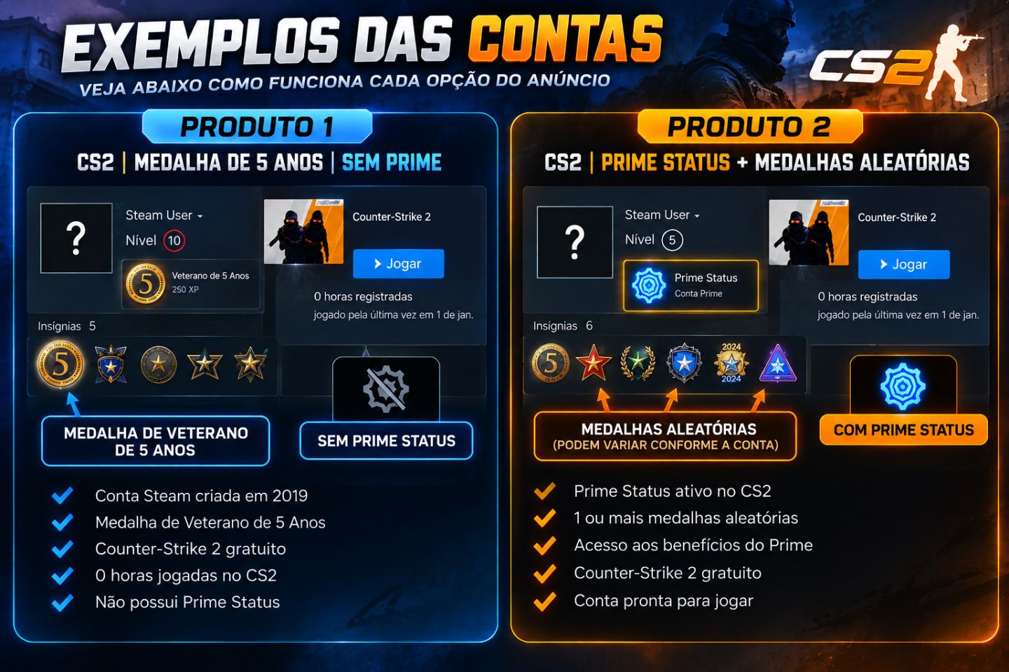 CS2 COM OU SEM PRIME | MEDALHA DE 5 ANOS | FULL ACESSO + E-MAIL | MENOR PREÇO