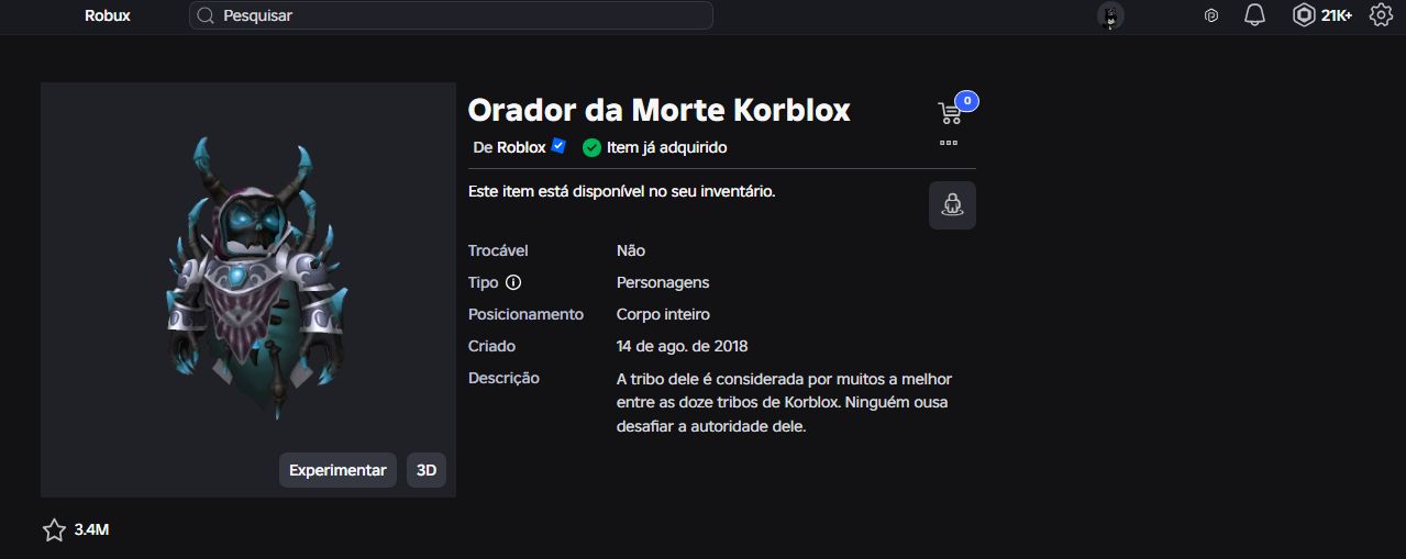 Conta Roblox com Korblox e Domino Crown Rara + 21k Robux