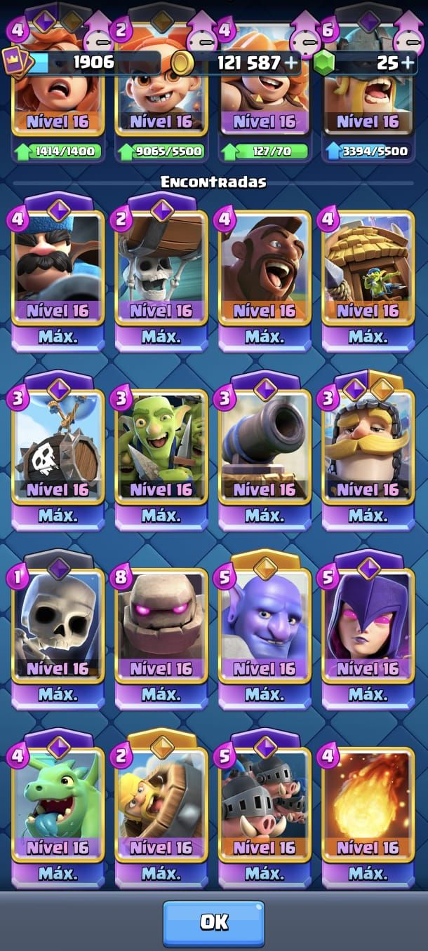 Conta Clash Royale, nível 1906 14K de troféus, 29 cartas full