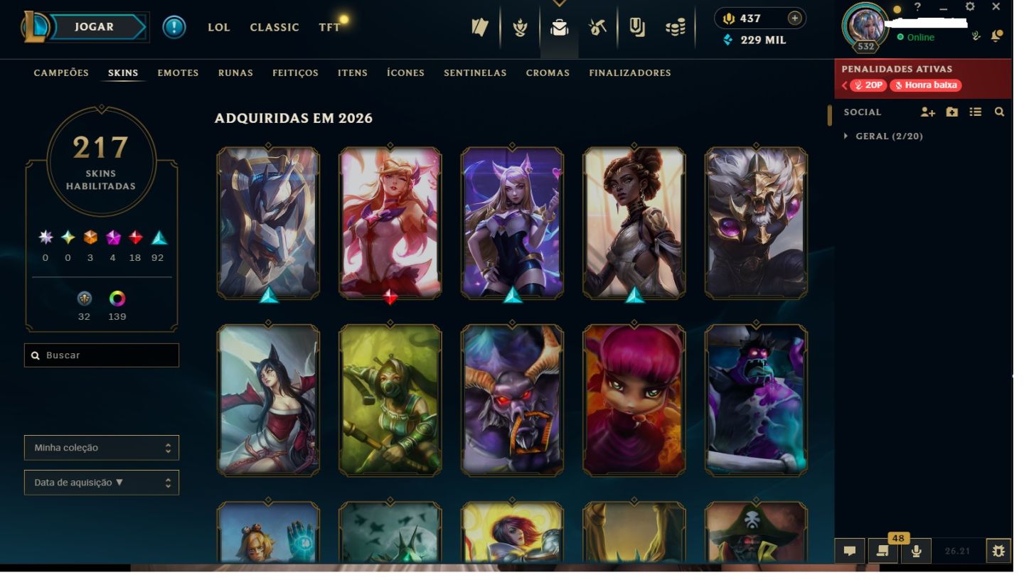 Conta LOL PLATINA(EX ESM3), TODOS os champs! MAIN SONA, MISS, AHRI, LUX, ZYRA.