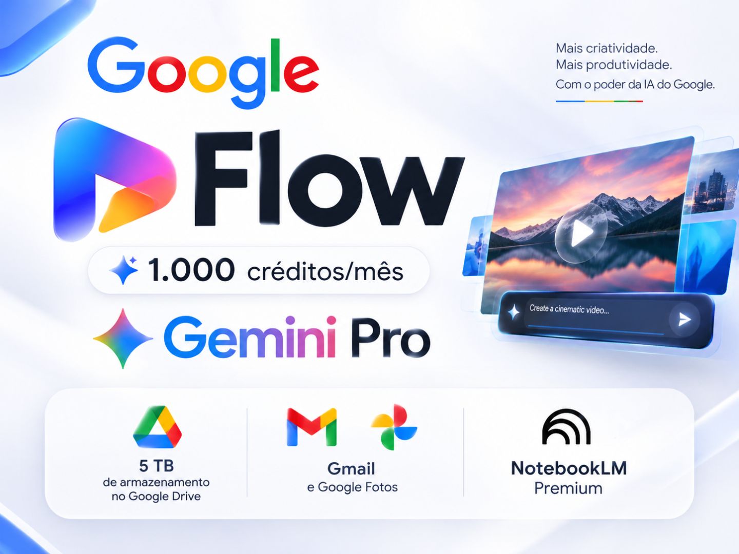 Google Flow (1000 créditos/mês) + Gemini Pro + 5 TB de armazenamento no Google