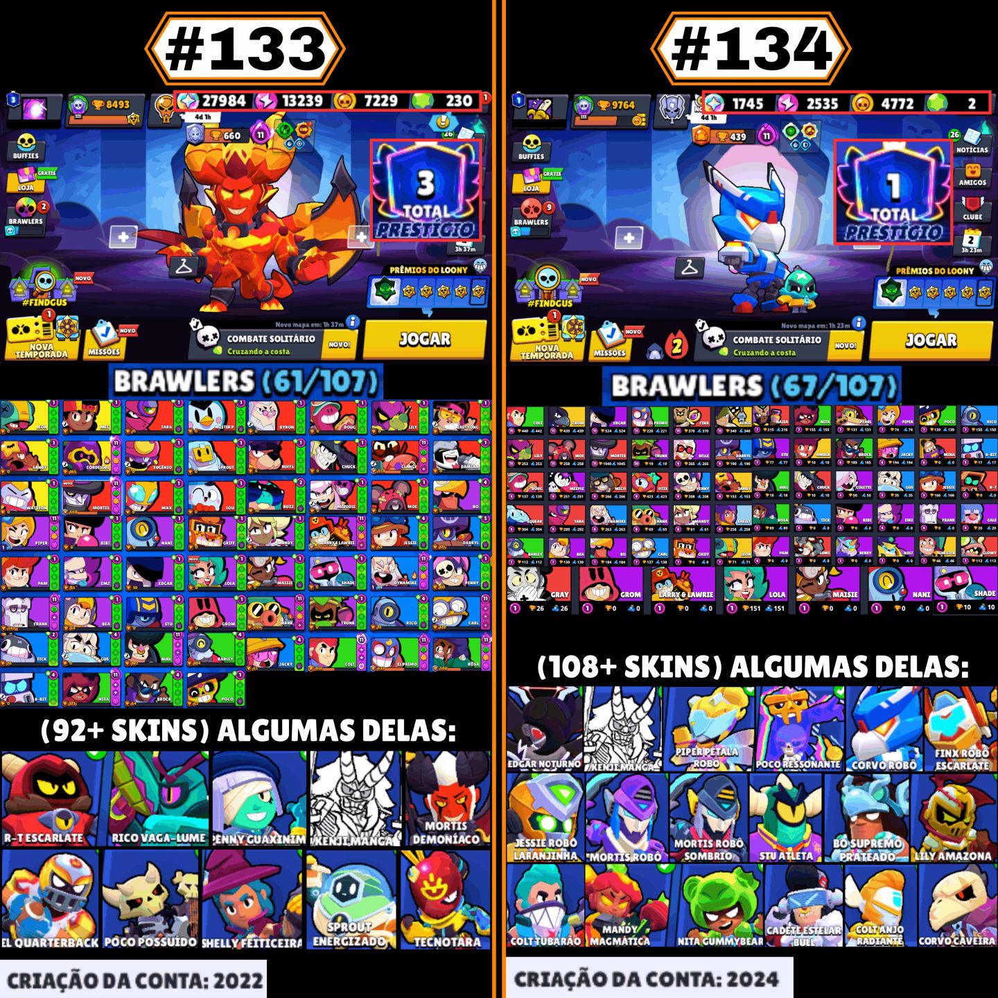 CONTAS BRAWL STARS | LENDÁRIOS, HIPERCARGAS, SKINS RARAS, P11, GEMAS, TROFÉUS