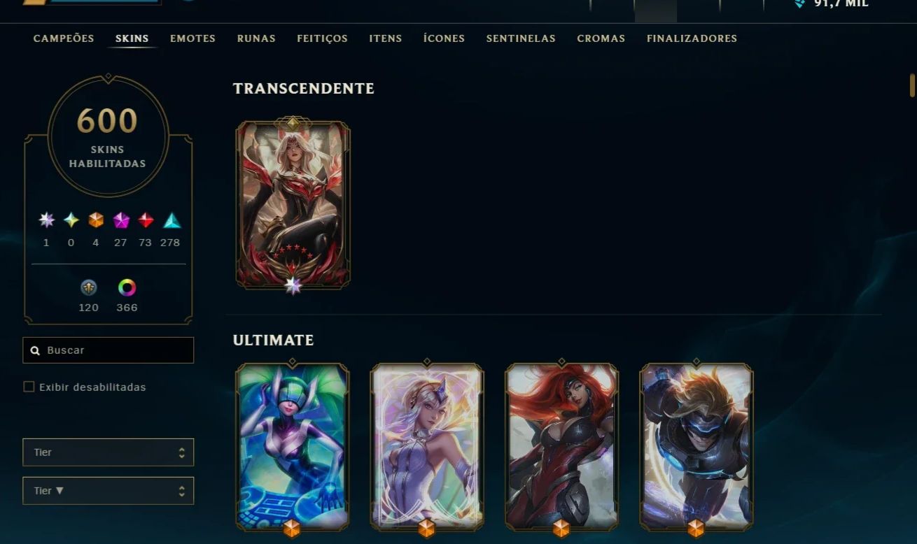 CONTA LOL BR 600 SKINS AHRI LENDA IMORTALIZADA NÍVEL 1086