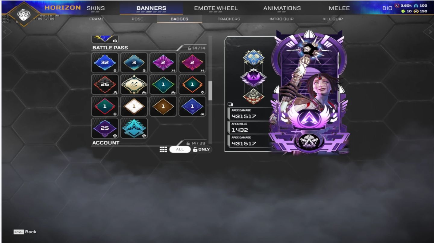Conta de Apex Legends com Herança da Horizon e Badge Rara de Master/mestre