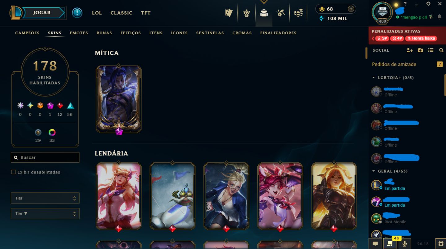 Conta LoL Ouro IV | Full champs | 178 Skins | Nível 400 | Full acesso