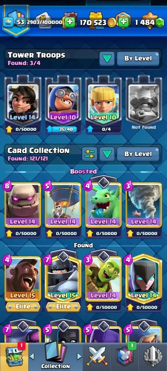 Conta Clash Royale nível 53, 9134 troféus, 48 cartas máx, 95 emotes, 1484 gemas