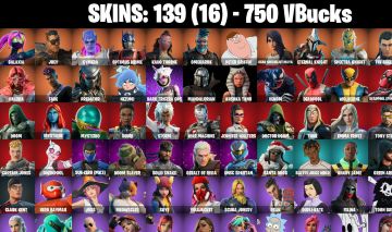 139 Skins - peter griffin, deadpool, wolverine, storm, war machine, 750 vbucks