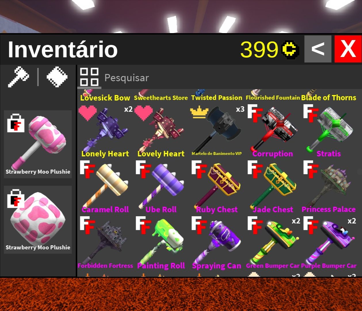 FTF Inventário com quase todas as marretas incluindo Moo Plushie