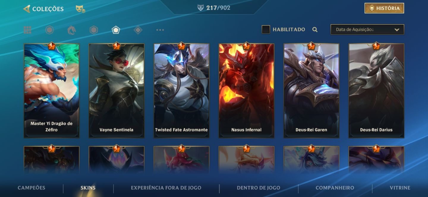 Conta de wr super rara e old com mais de 200 skins e todos os campeões