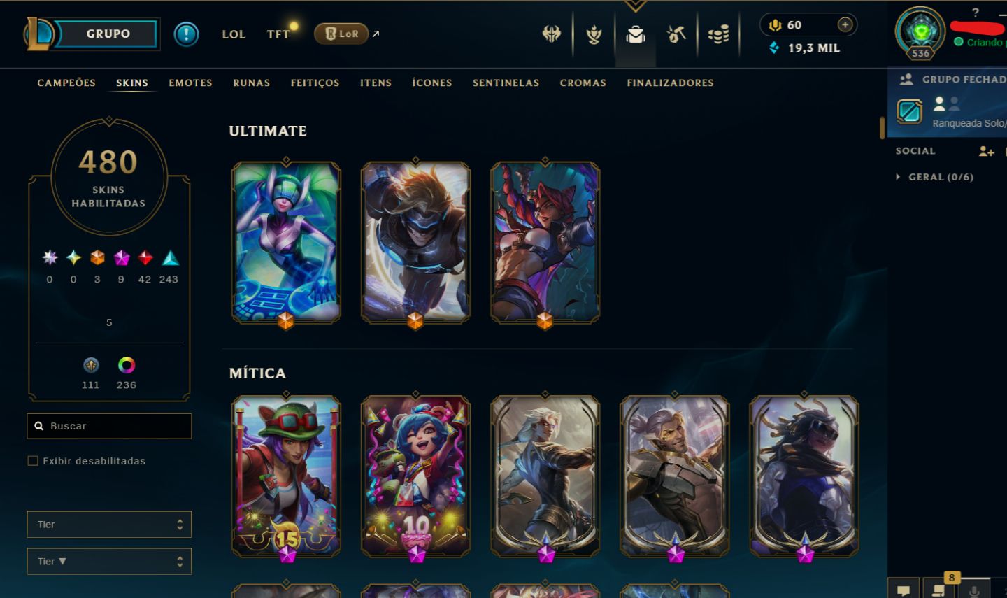 Conta de lol com muitas Skins e lv alto