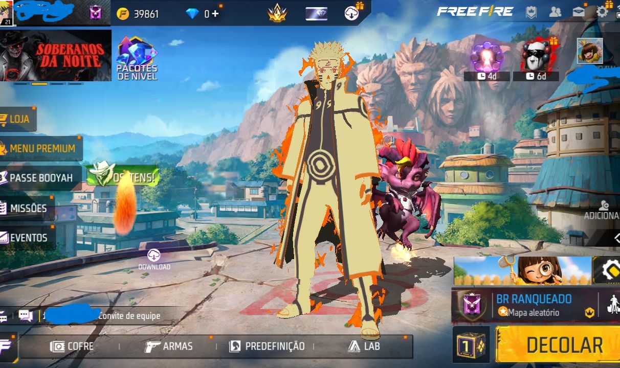 CONTA FREE FIRE DIAMANTE 4 MODO RANK COM SKIN NARUTO E TROCA DE NICK