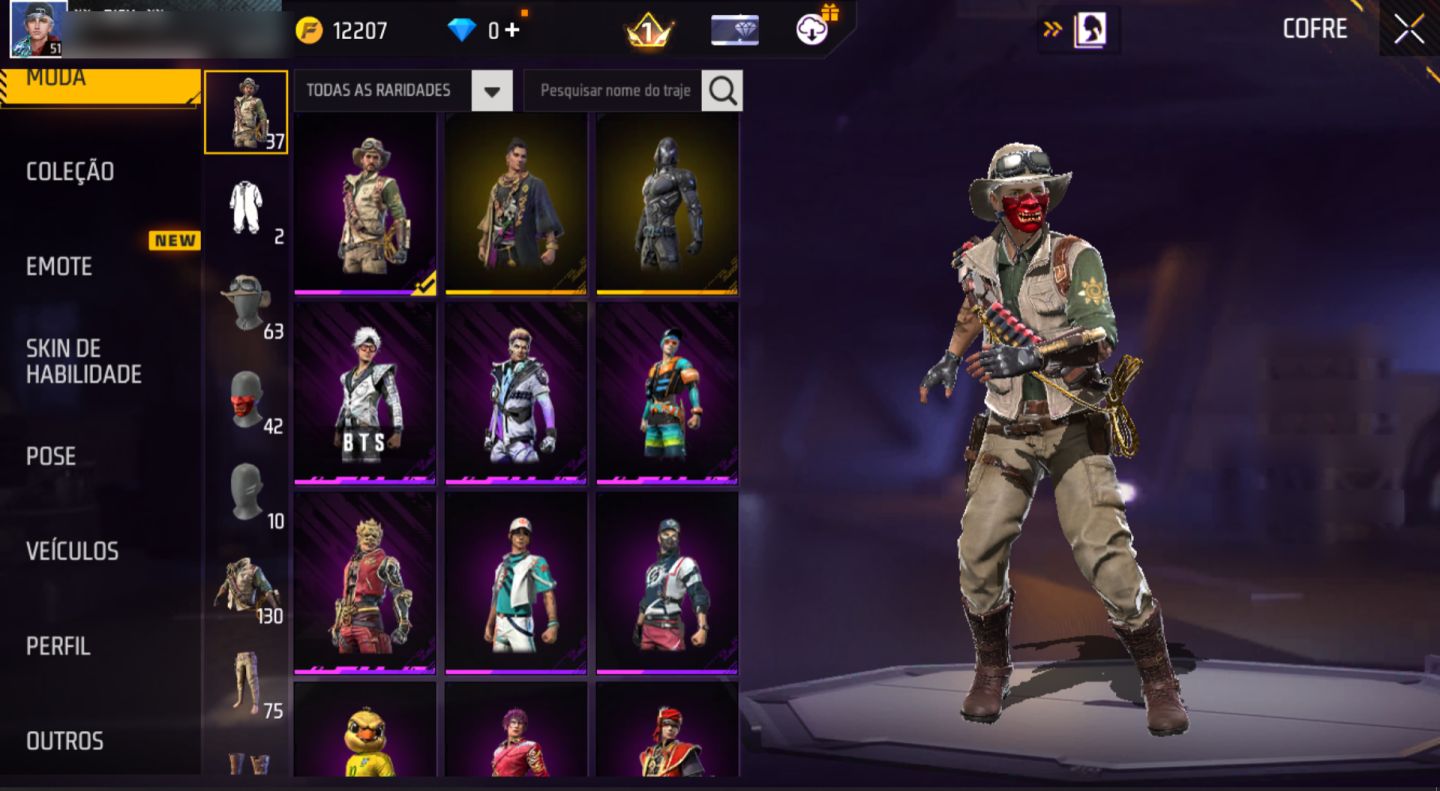 Conta Free Fire nível 51, várias skins de armas, paredes de gel e diversos itens