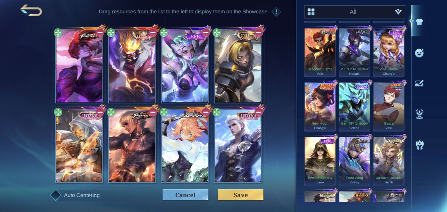 Conta MLBB 285 skins, épicas, aspirants, legend, Kof, Colab. etc