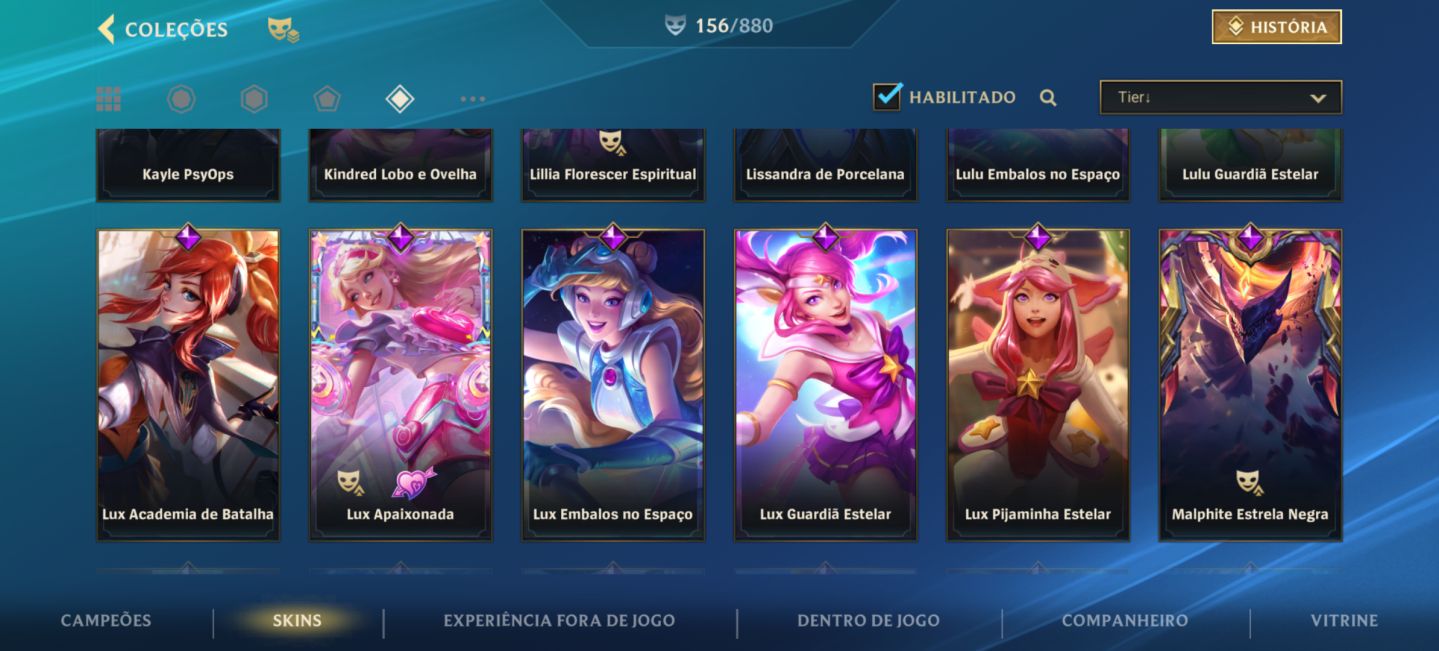 Conta wild Rift focada em mid/sup com grande coleção da campeã Lux