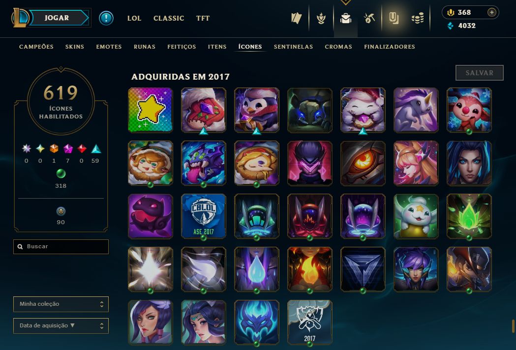 CONTA LOL DE 2017 / 876 SKINS / NIVEL 355 / 619 ICONES
