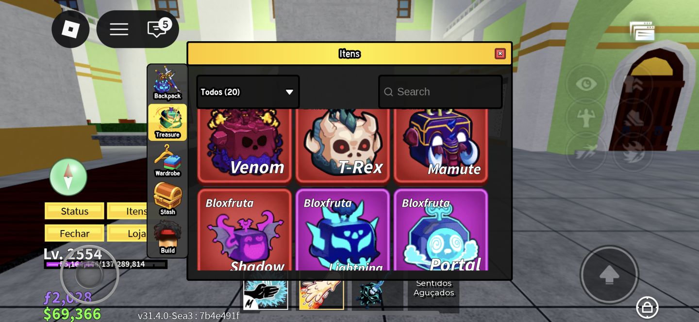 Conta Blox Fruits, Dough, Venom, Mamute, T-Rex, Shadow, Portal