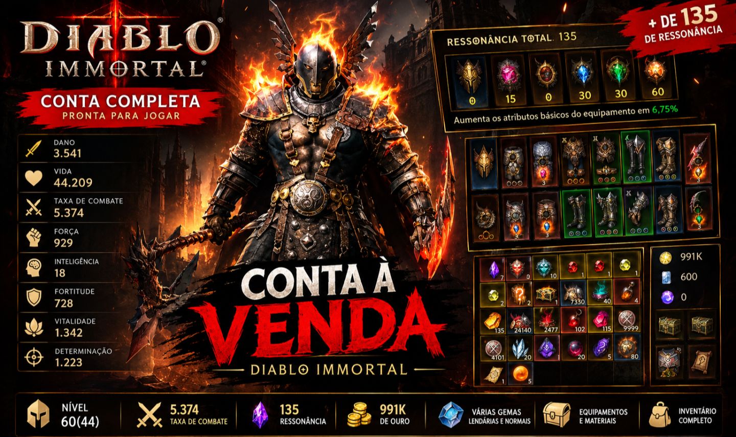 CONTA DIABLO IMMORTAL BÁRBARO NÍVEL 60(44) | 5.374 COMBATE | 135 RESSONÂNCIA