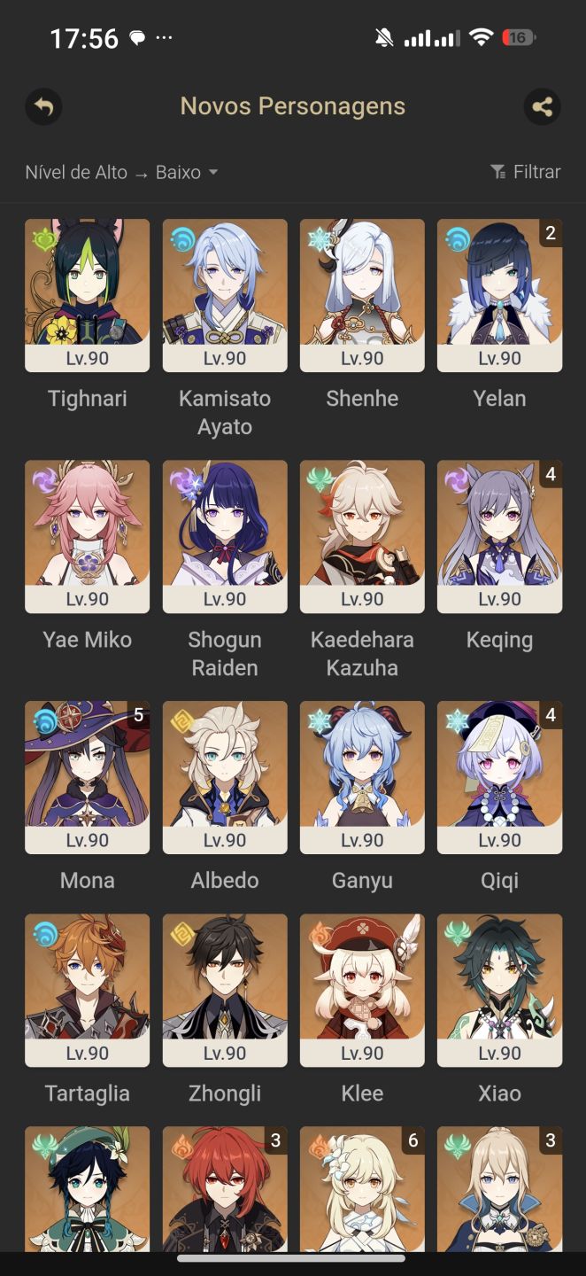Conta genshin com muitos personagens e armas