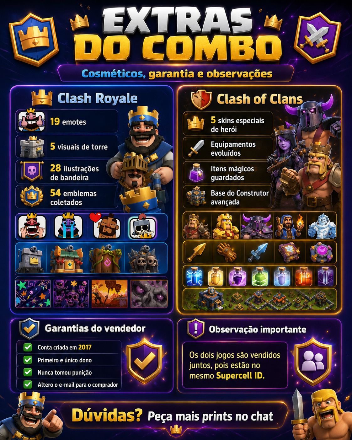 COMBO SUPERCELL 2017 | CR 9.281 TROFÉUS + COC CV14 | 5 EVOS + 5 SKINS