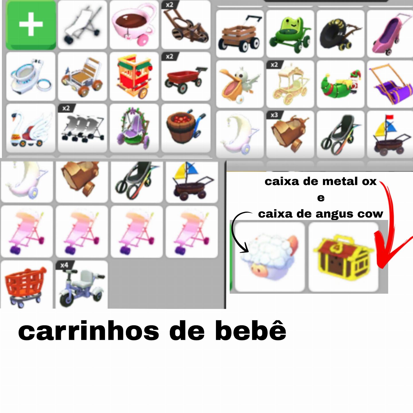 Veículos, carrinho de bebê e brinquedos adopt me