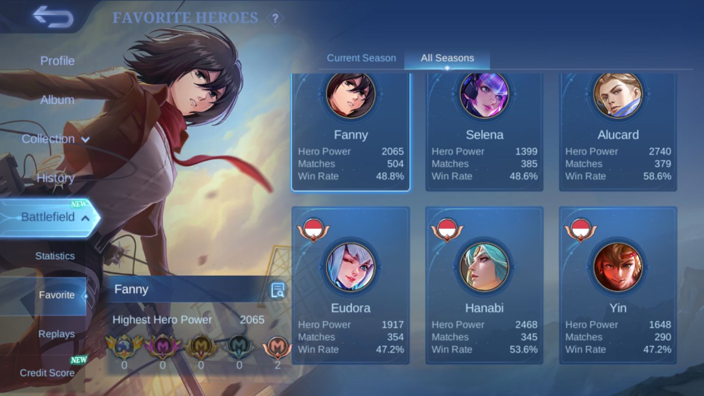 Conta Mobile Legend / AOT MIKASA Fanny & LEVI Martis / ANNUAL-STAR Lesley & Mais