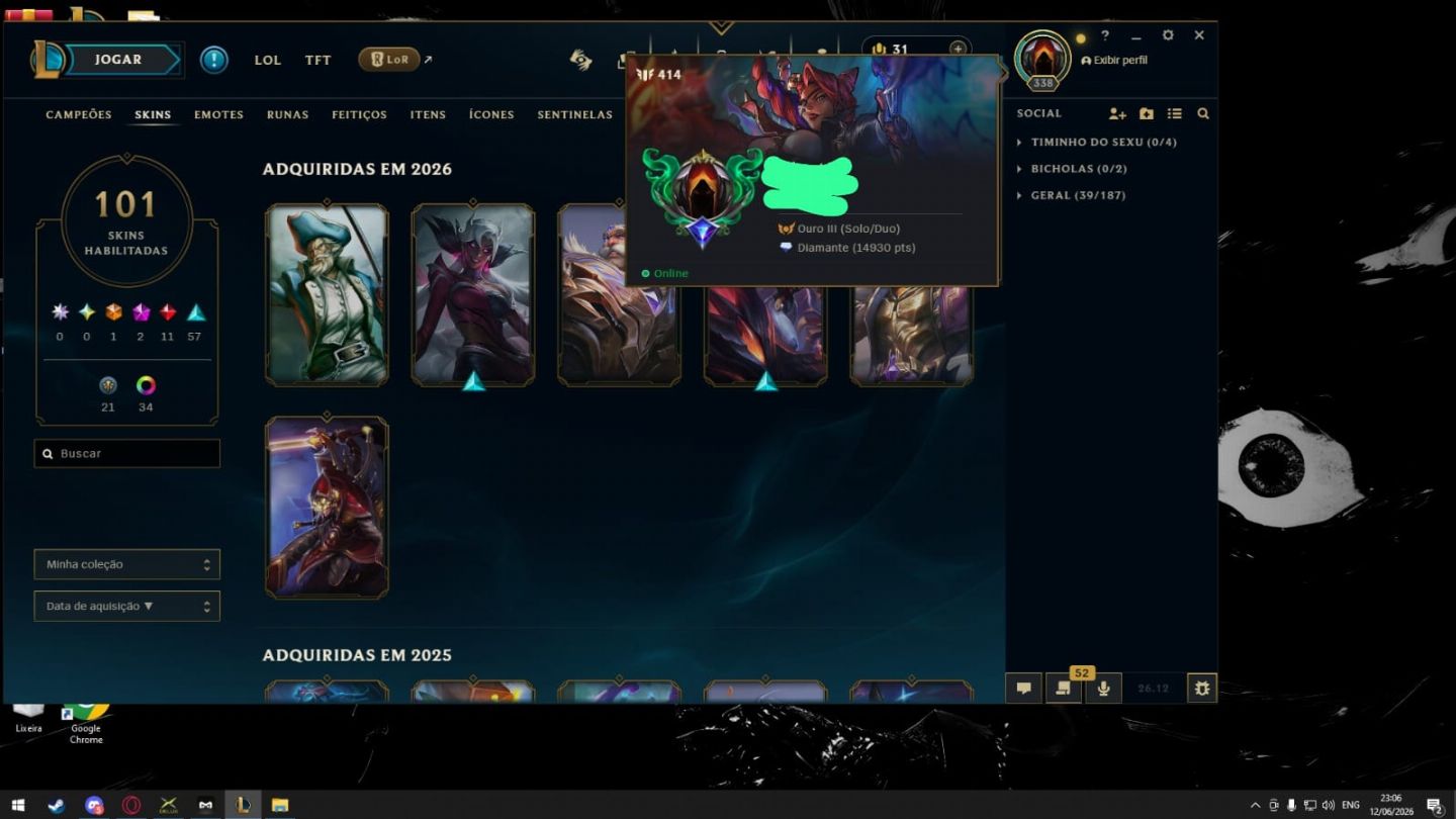 LoL | 101 Skins LoL | Nível 338 | Ouro III,(PREÇO NEGOCIAVEL)