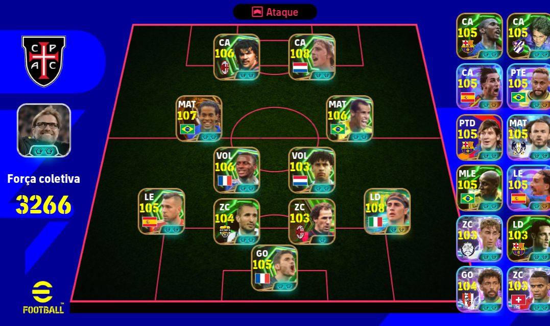 Conta eFootball Força 3266 Cruyff 108 Gullit 107 Ronaldinho blitz 107 Vieira 106
