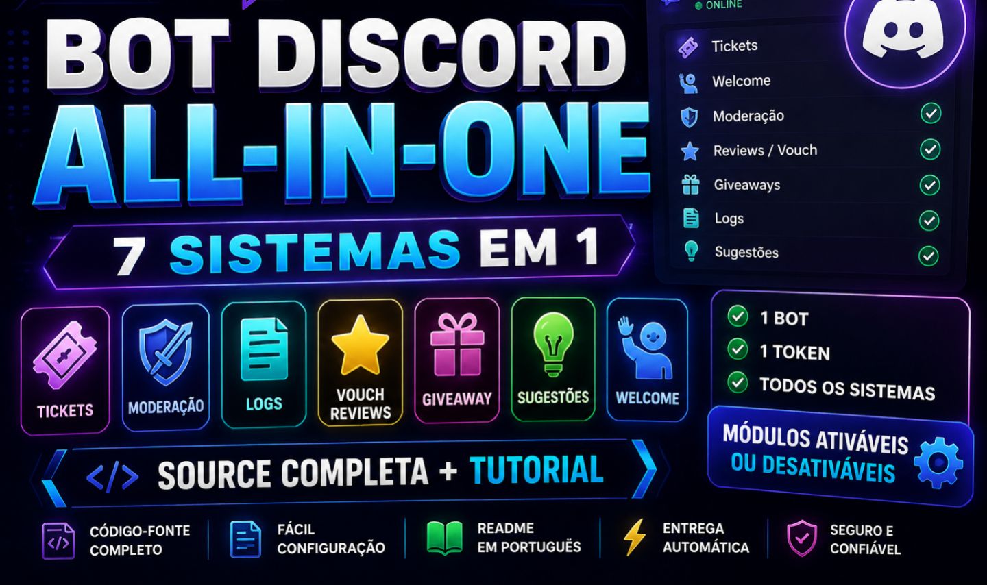 Source Bot Discord | 7 em 1 + Ticket + Moderação | Entrega Automática