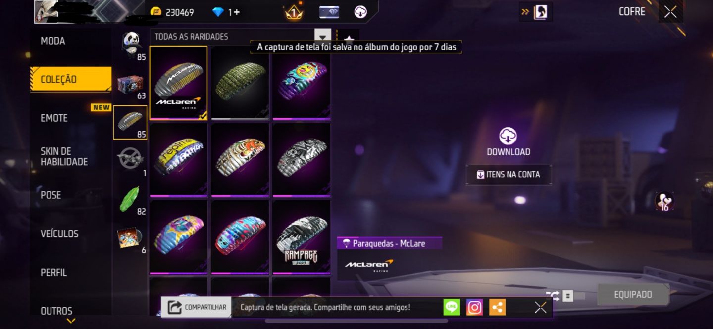 Conta Free fire level +70 com punho e naruto e tudo mais!!