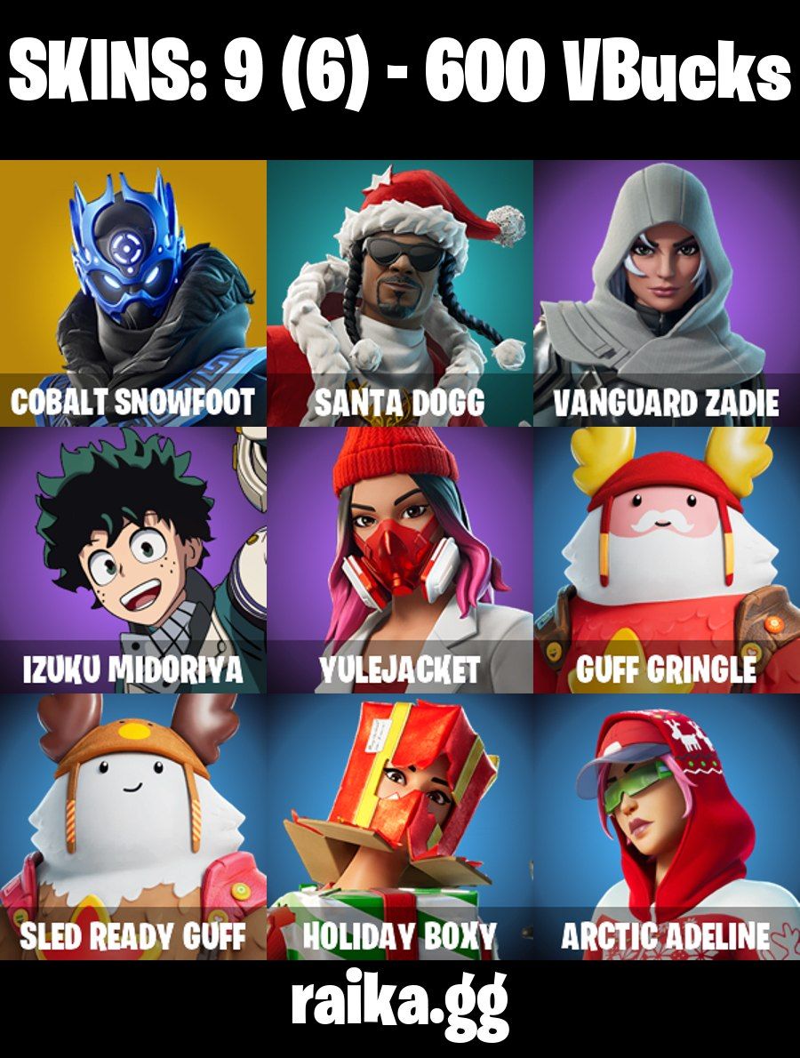 9 Skins - cobalt snowfoot, santa dogg, izuku midoriya, 600 vbucks