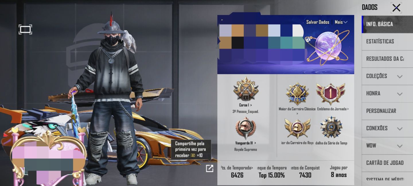 Conta PUBG Mobile Nv. 65 com 4 Colaborações de Carros Ferrari, Porsche, Lotus...