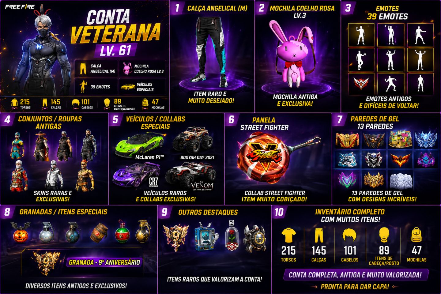 Conta de ff gemada level 61 e vários itens raros