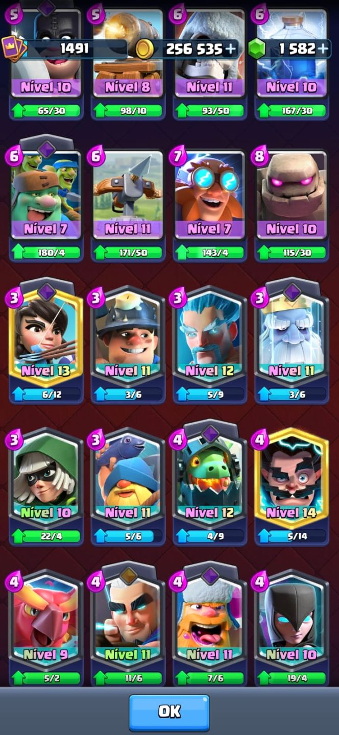 Conta de Clash Royale bem upada, várias cartas level alto
