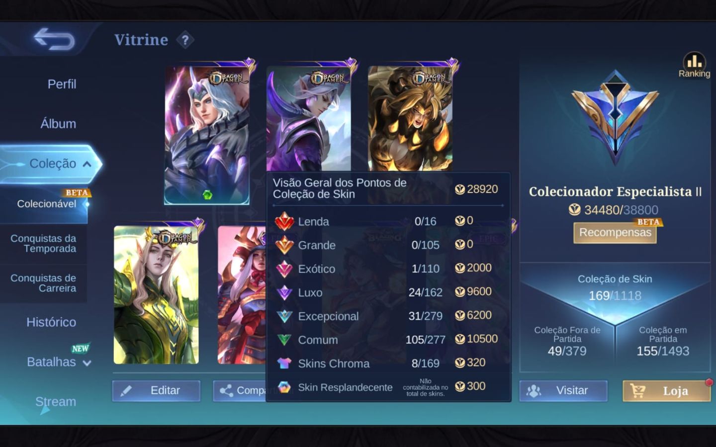 Conta Mobile Legends | 169 Skins + Gaara Naruto + Collector | Skins na descrição