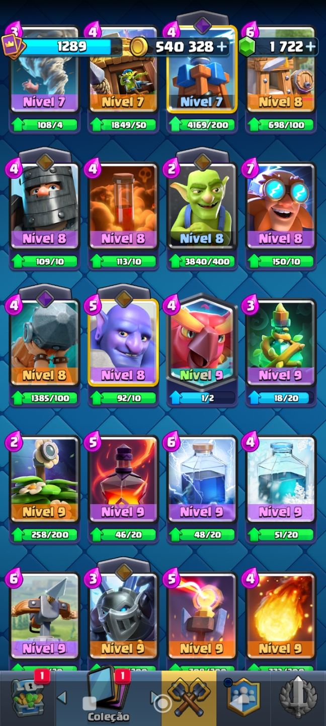 CLASH ROYALE Nível 14 120/122 Cartas Campeãs Lv.14/15 540k Ouro