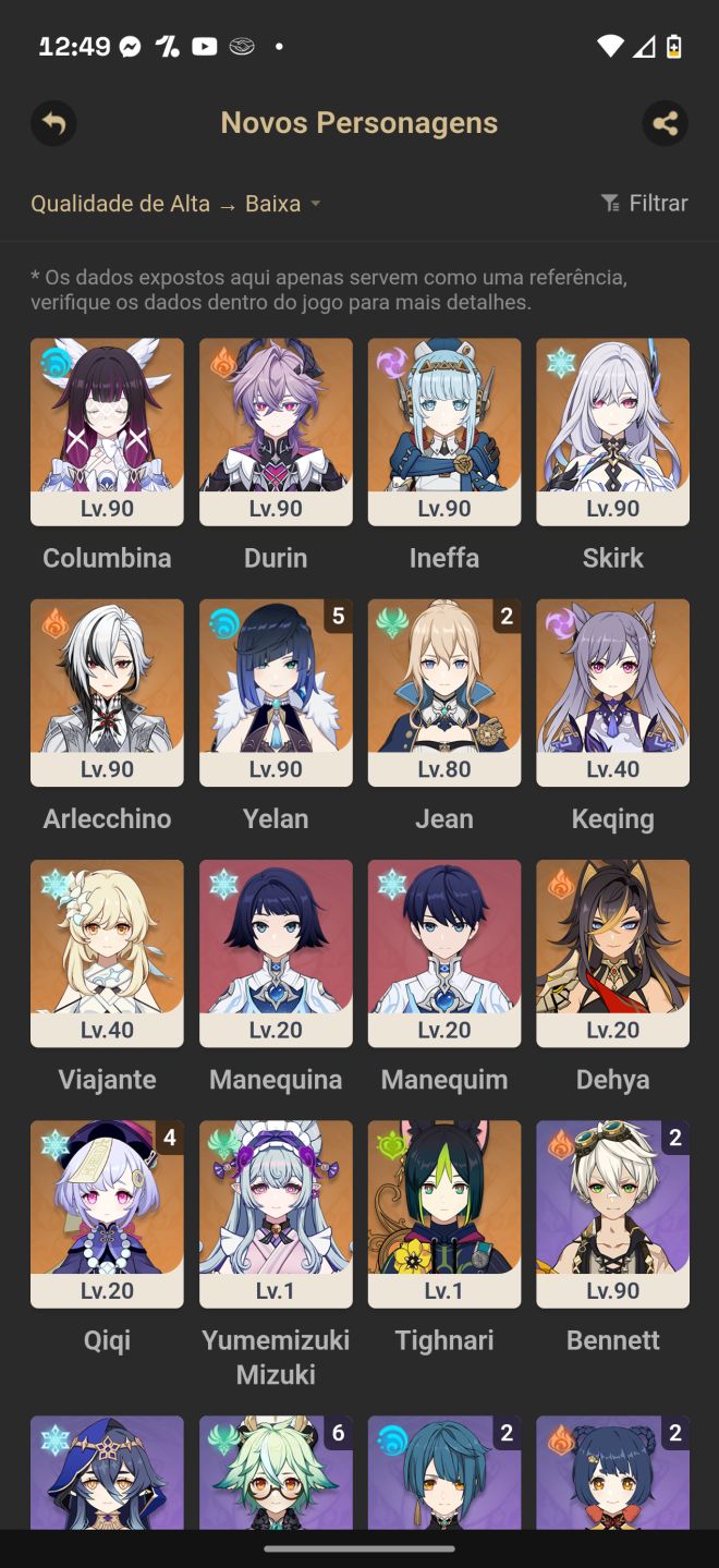 Ar 58 Yelan C5 com Biss, Columbina, Arlecchino e Skirk