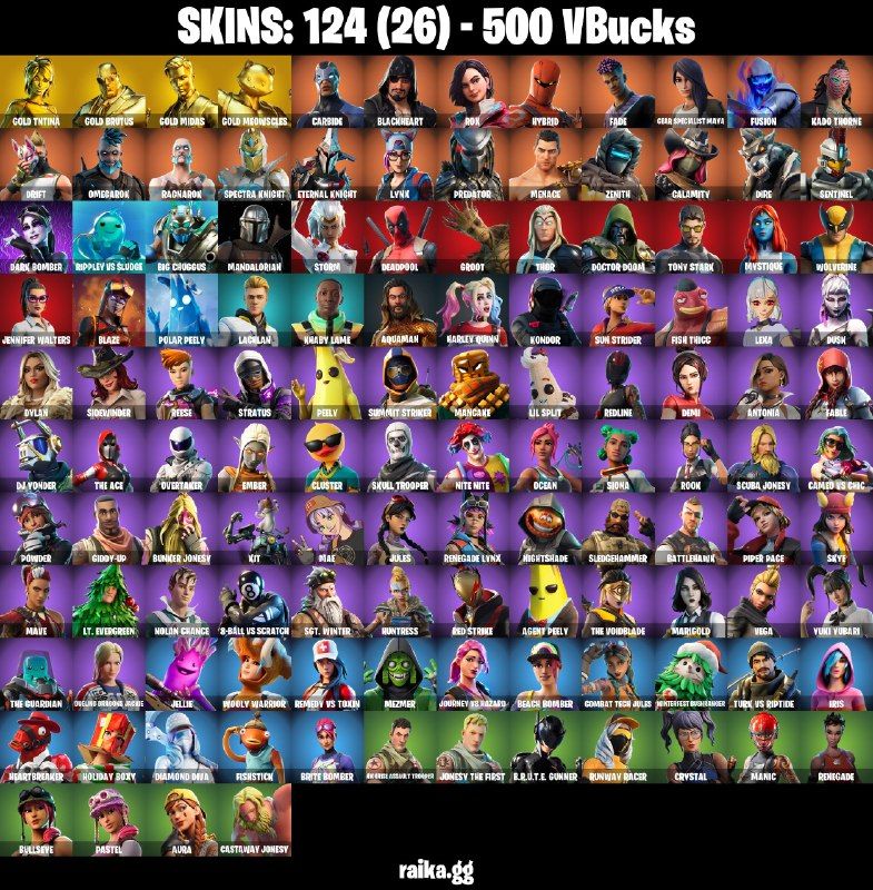 124 Skins - gold midas, gold brutus, carbide, drift, ragnarok, 500 vbucks