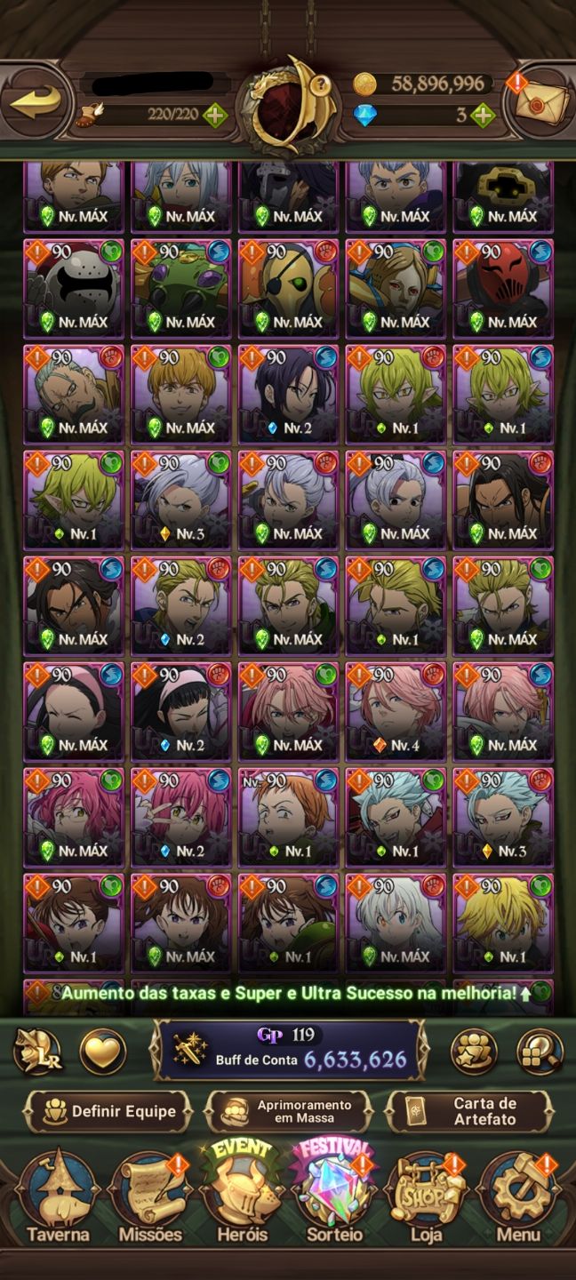 Conta 7ds grande cross 6.6M Meliodas nêmesis 2/6, escanor Merlin 2/6